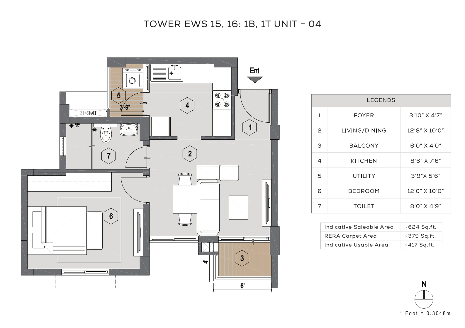 Puravankara Lakevista - Tower EWS 15, 16 : 1B 1T, Unit 04